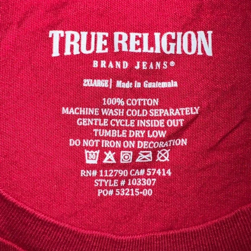 True Religion Buddha Guitar T Shirt Men's Sz 2XL XXL Red Spell Out 2‎ Sided Tee